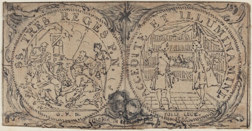 Ornamental Medallions with the Adoration of the Magi and Two Bibliophiles