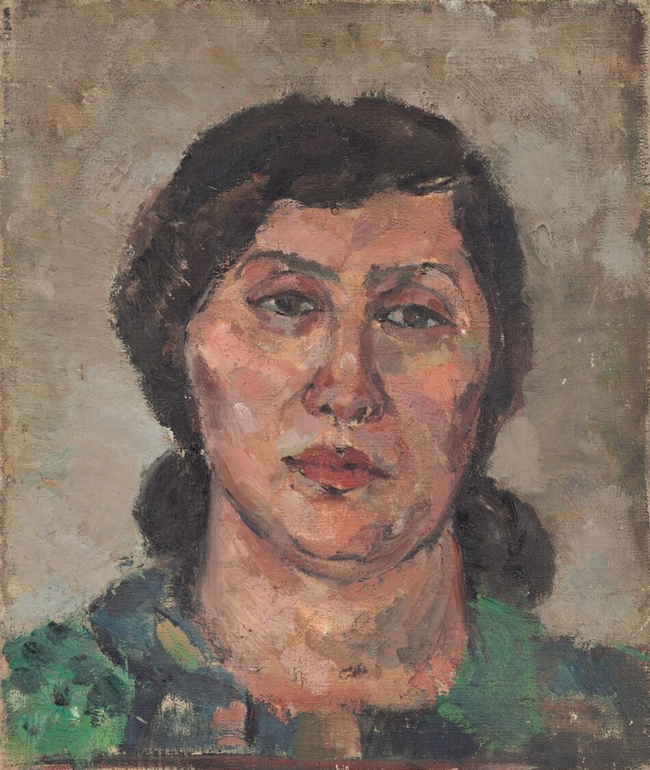 The head and upper shoulders of a light-skinned woman nearly fill this vertical portrait, which is painted with visible brushstrokes and mottled dabs. The woman’s shoulders are square to us, but she looks just off to our right. She has close-set, heavy-lidded brown eyes under low, thin brows. Her full, dark pink, bow-shaped lips are closed, and she has a slight double chin. Her high cheekbones slant slightly up and to our left. Her dark brown hair is pulled back, and she wears a garment painted in daubs of spruce, shamrock, and forest green. The background is painted broadly in earthy and neutral brown.