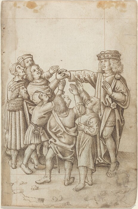 The image shows a group of people in medieval or renaissance style. There are seven figures depicted from head to toe. One individual on the right appears to be offering something to the group on the left. This person stands straight, wearing a detailed robe or gown, curly hair with a crown on top. The group on the left is gathered around this central figure, each reaching or gesturing towards what is being offered. Their hair varies from short to mid-length, and they wear medieval clothing such as robes, tunics, and cloaks. One individual appears to be pointing, while others reach with open hands. There are no visible jewelry or objects being held, except for the gestures related to the offered item. The background is plain with some sketch lines visible on the paper, emphasizing the interaction between the figures.