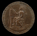 Cast in low relief, a woman with hair streaming wildly up and away from her face and wearing a gag covering her mouth sits and paints at an easel on this round bronze medallion. The woman faces our left in profile on a chair with a scrolling back and arms. She wears a long gown with loose, elbow-length sleeves. One foot is braced against the foot of the easel, and the other rests on the floor near a rectangular paint palette and paint brushes. The woman rests a maulstick down in front of her legs and holds a paintbrush up to the surface on the easel. Text in a border around the edge of the medal reads, “PERTE STATO GIOIOSO MIMANTENE.” Spiraling scrolls, a compass, and a square are at the bottom center of the border.