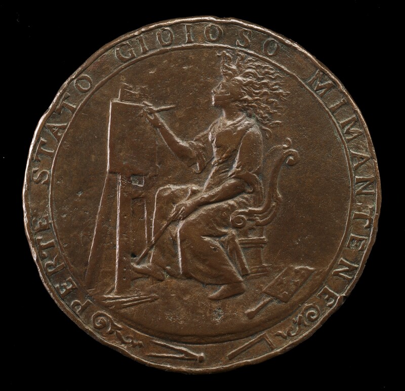 Cast in low relief, a woman with hair streaming wildly up and away from her face and wearing a gag covering her mouth sits and paints at an easel on this round bronze medallion. The woman faces our left in profile on a chair with a scrolling back and arms. She wears a long gown with loose, elbow-length sleeves. One foot is braced against the foot of the easel, and the other rests on the floor near a rectangular paint palette and paint brushes. The woman rests a maulstick down in front of her legs and holds a paintbrush up to the surface on the easel. Text in a border around the edge of the medal reads, “PERTE STATO GIOIOSO MIMANTENE.” Spiraling scrolls, a compass, and a square are at the bottom center of the border.