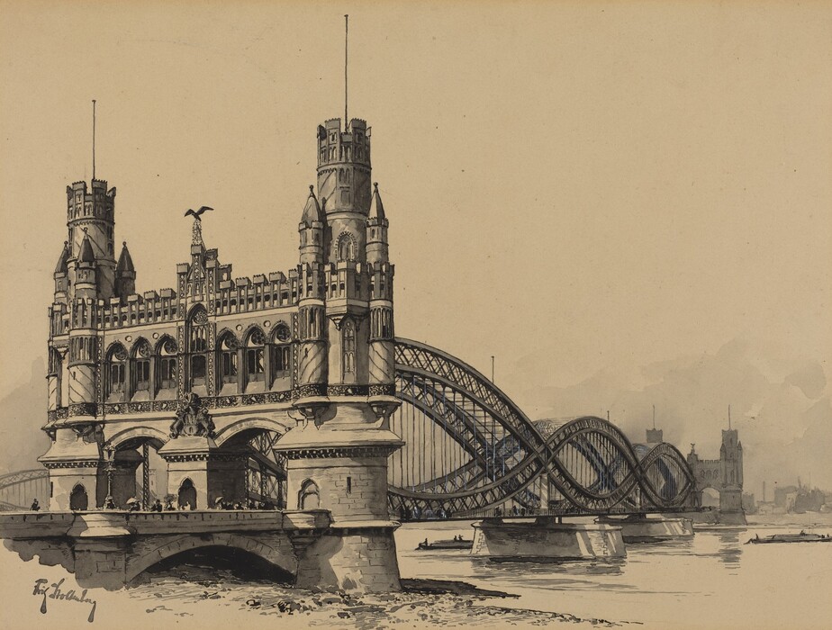 The image shows an ornate bridge connecting two elaborately designed towers that resemble castle turrets. The bridge has swooping, looped arches creating a rhythmic pattern as it extends across the water. The painting features detailed brushwork, capturing the architecture in shades of sepia, black, and gray. The color palette gives the scene a historical appearance, with atmospheric haze in the distance softening the outlines of buildings.