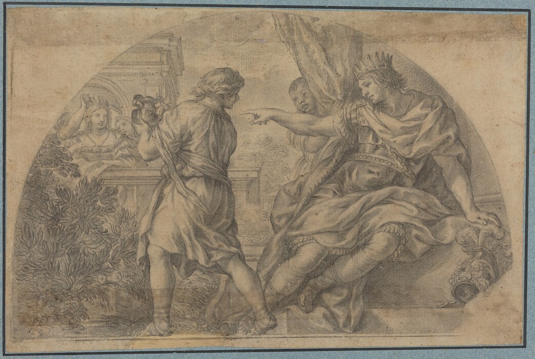 The image shows three figures in a classical style setting. On the left, a man with medium-length hair stands with his back to the viewer, slightly turned towards the center of the image; he is dressed in a loosely draped garment and holds an object in one hand. On the right side, a seated man with a crown points at the standing man. The seated man is wearing an intricate garment. In the background, another figure is partially visible behind drapery, observing the interaction. The background features classical architecture with columns and arches, along with foliage on the left side.