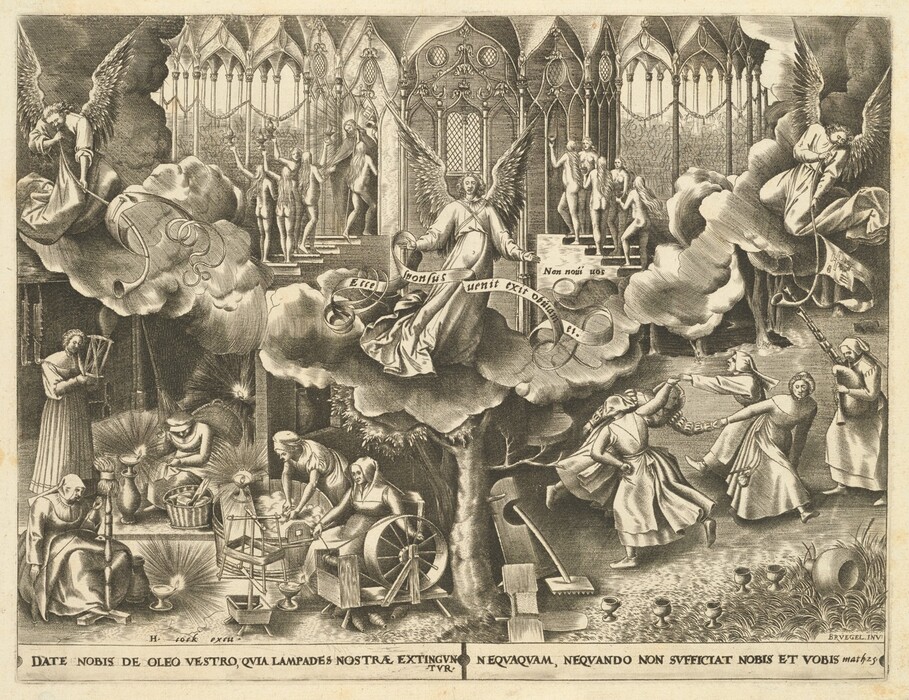 This drawing features a surreal scene combining biblical and mythological elements. It is divided into different sections, each depicting various allegorical figures and activities. At the top center, an angelic figure sits on a cloud holding a banner, surrounded by other angels. To the sides are groups of figures guided by angelic figures. The bottom section shows people engaged in various crafts, with elements of fire and smoke, creating an industrial atmosphere. The background features gothic architecture with ornate arches and friezes. The intricate engravings and detailed depiction of figures reflect a style reminiscent of Hieronymus Bosch or Pieter Bruegel, focusing on moral or allegorical themes.