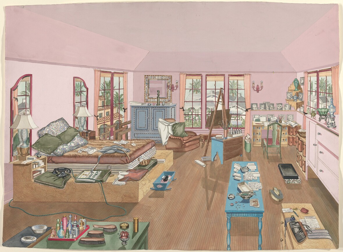 We look slightly down onto a bed on a wide platform, dressers, tables, chairs, and other furniture extending into a deep, pink-walled room in this nearly square watercolor painting. The paint is mostly opaque and flat, and contours and outlines are drawn in graphite. The room has a wood floor and an inset tray ceiling, also pink. Windows with burgundy-red frames and pale pink curtains line the far and side walls. We will start at the bottom of the sheet and move up, which also brings us back in space. A moss-green table set with a tray of colorful perfume bottles, a hairbrush set, dishes, pincushion, and cosmetic powder is closest to us in the lower left corner. A table with pale wood grain extends into the room in the lower right. On it are notes, a black clutch purse, spilled ink under an inkwell, pen, key, coin purse, and perhaps a gray scarf. Continuing along the right wall are a pink dresser holding figurines and knick-knacks, low shelves with thick books, and a desk with a green chair facing away us in the far corner. Black and white portraits are displayed on the desk and on a shelf above it. Back closer to us and farther into the room is a long, blue table with turned legs. It holds boxes and sheets of paper with writing. Beyond it are a blue chest with its unpainted wood back facing us. That chest holds a vase of paint brushes and a tray of bottles. A floor easel stands just beyond it, and an overstuffed and slightly crumpled brown easy chair faces the easel. Along the left wall beyond the green dresser are the bed on the wood platform, which is wide enough to hold an old-fashioned cradle telephone, lamps, books, cushions, and a basket with papers. Pillows, pages with writing, and a furry blanket cover the bed. A pale blue, two-door cabinet is in that far corner with a square mirror hanging above. A blue cradle holding what might be a black sleeping mask is at the foot of the bed; two rectangular boxes, perhaps suitcases, are near the pink dresser to the right; and close to them is a U-shaped appliance, perhaps an old-fashioned foot massager. Views out the windows look onto white-walled houses with gray roofs or peach-colored houses with terracotta tile roofs.