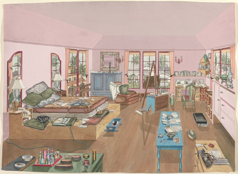 We look slightly down onto a bed on a wide platform, dressers, tables, chairs, and other furniture extending into a deep, pink-walled room in this nearly square watercolor painting. The paint is mostly opaque and flat, and contours and outlines are drawn in graphite. The room has a wood floor and an inset tray ceiling, also pink. Windows with burgundy-red frames and pale pink curtains line the far and side walls. We will start at the bottom of the sheet and move up, which also brings us back in space. A moss-green table set with a tray of colorful perfume bottles, a hairbrush set, dishes, pincushion, and cosmetic powder is closest to us in the lower left corner. A table with pale wood grain extends into the room in the lower right. On it are notes, a black clutch purse, spilled ink under an inkwell, pen, key, coin purse, and perhaps a gray scarf. Continuing along the right wall are a pink dresser holding figurines and knick-knacks, low shelves with thick books, and a desk with a green chair facing away us in the far corner. Black and white portraits are displayed on the desk and on a shelf above it. Back closer to us and farther into the room is a long, blue table with turned legs. It holds boxes and sheets of paper with writing. Beyond it are a blue chest with its unpainted wood back facing us. That chest holds a vase of paint brushes and a tray of bottles. A floor easel stands just beyond it, and an overstuffed and slightly crumpled brown easy chair faces the easel. Along the left wall beyond the green dresser are the bed on the wood platform, which is wide enough to hold an old-fashioned cradle telephone, lamps, books, cushions, and a basket with papers. Pillows, pages with writing, and a furry blanket cover the bed. A pale blue, two-door cabinet is in that far corner with a square mirror hanging above. A blue cradle holding what might be a black sleeping mask is at the foot of the bed; two rectangular boxes, perhaps suitcases, are near the pink dresser to the right; and close to them is a U-shaped appliance, perhaps an old-fashioned foot massager. Views out the windows look onto white-walled houses with gray roofs or peach-colored houses with terracotta tile roofs.