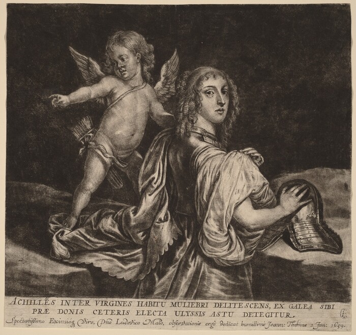 The image depicts the upper bodies of two figures. One is an adult female and the other a cherubic child. The woman is seated, facing left, looking back at the viewer. She has curled hair, almond-shaped eyes, and a straight nose. She wears a draped, long-sleeved garment and holds a helmet in her right hand. The cherub stands beside her with wings, curly hair, and similar facial features. The cherub wears a sash and has a quiver of arrows on their back. The background is dark with a small piece of text at the bottom.