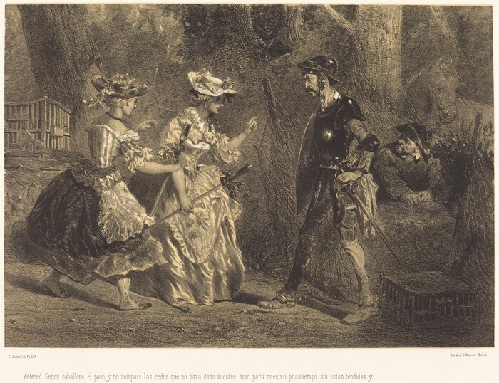 This is an image featuring elaborately dressed figures in a scene set in a wooded area. The central focus is on two individuals engaged in conversation or confrontation, one in ornate clothing and the other in armor. The scene conveys a sense of historical or theatrical narrative through detailed clothing, expressions, and setting.