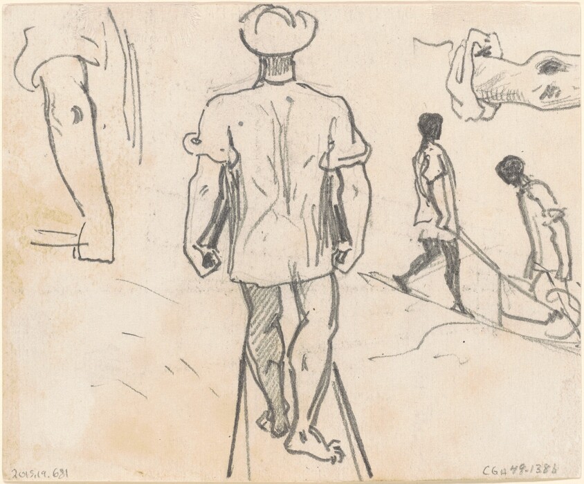 The image is a sketch showing several figures and body parts. The central figure, seen from the back in full view, appears to be standing upright and using crutches, wearing a wide-brimmed hat. Other smaller figures to the right are depicted standing and walking forward, wearing short tunics or dresses, with visible legs and arms. In the top right corner, there is a sketch of what seems to be a head or face viewed side-on. On the left side, there is a partial study of an arm. The background is plain with no additional context or environment details.