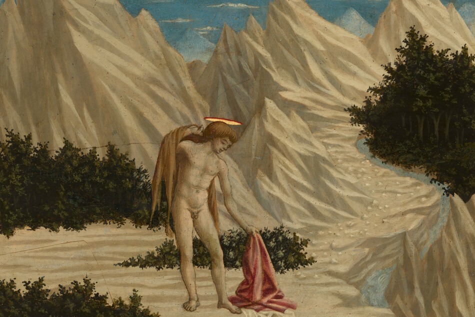 A young, nude, light-skinned man stands in the center of a rocky, mountainous landscape in this square painting. The man’s muscular body faces us but he turns his head in profile to our right as he looks down at the coral-red cloth he drops onto the ground. He is cleanshaven with prominent eyebrows, a straight nose, and his lips are slightly parted. He has thick, reddish-brown hair with bangs across his forehead, and there is a red-edged, glimmering, gold, plate-like halo across the crown of his head. He leans slightly to the side as he drops the red cloth onto a white one, already on the ground. With his other hand, he holds a fawn-brown animal skin or cloth over that shoulder. The man is surrounded by tan and parchment-brown, deeply ridged, mostly barren mountains. The pointed peaks nearly reach the top of the painting. The rocky mountains are interspersed with a few dark green bushes. A light blue stream curves in a shallow S shape along the right side of the painting. Peaks in the far distance are icy blue against a sky that deepens from topaz blue along the horizon to navy blue at the top edge. Some puffy and some thin white clouds float across the sky.