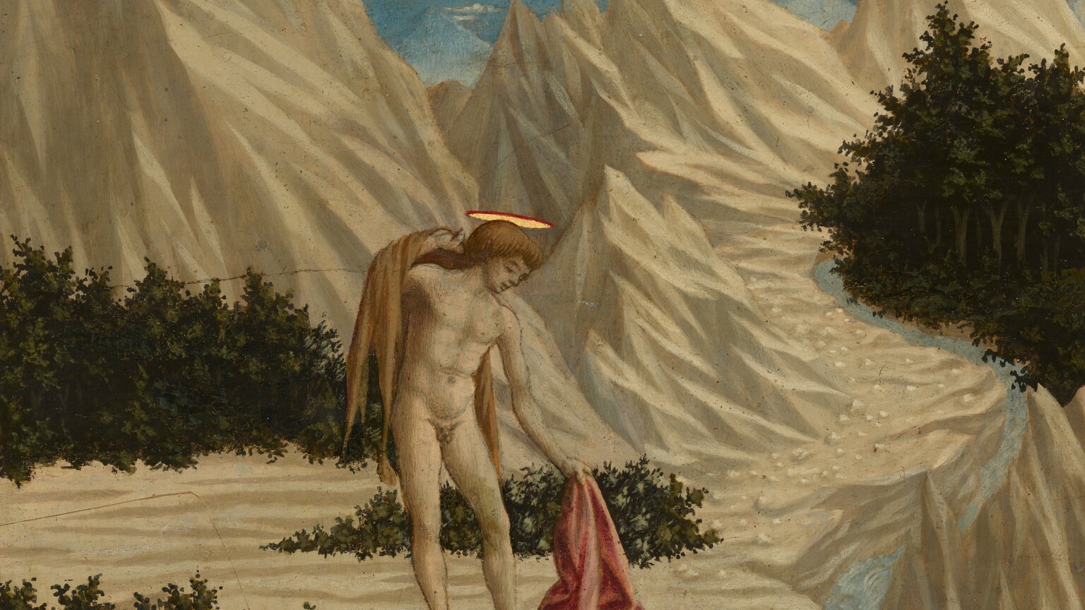 A young, nude, light-skinned man stands in the center of a rocky, mountainous landscape in this square painting. The man’s muscular body faces us but he turns his head in profile to our right as he looks down at the coral-red cloth he drops onto the ground. He is cleanshaven with prominent eyebrows, a straight nose, and his lips are slightly parted. He has thick, reddish-brown hair with bangs across his forehead, and there is a red-edged, glimmering, gold, plate-like halo across the crown of his head. He leans slightly to the side as he drops the red cloth onto a white one, already on the ground. With his other hand, he holds a fawn-brown animal skin or cloth over that shoulder. The man is surrounded by tan and parchment-brown, deeply ridged, mostly barren mountains. The pointed peaks nearly reach the top of the painting. The rocky mountains are interspersed with a few dark green bushes. A light blue stream curves in a shallow S shape along the right side of the painting. Peaks in the far distance are icy blue against a sky that deepens from topaz blue along the horizon to navy blue at the top edge. Some puffy and some thin white clouds float across the sky.