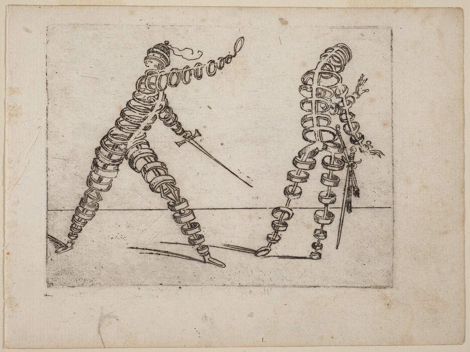 This is a drawing of two figures in combat. The composition shows two elongated, spiral-like figures with swords engaged in a duel. The figures consist of rings or coils, giving them a skeletal and abstract appearance. Their bodies bend and twist, suggesting movement and an active stance. The drawing focuses on the contours and arrangement of the spirals to convey the form and dynamics of the figures, set against a plain background.