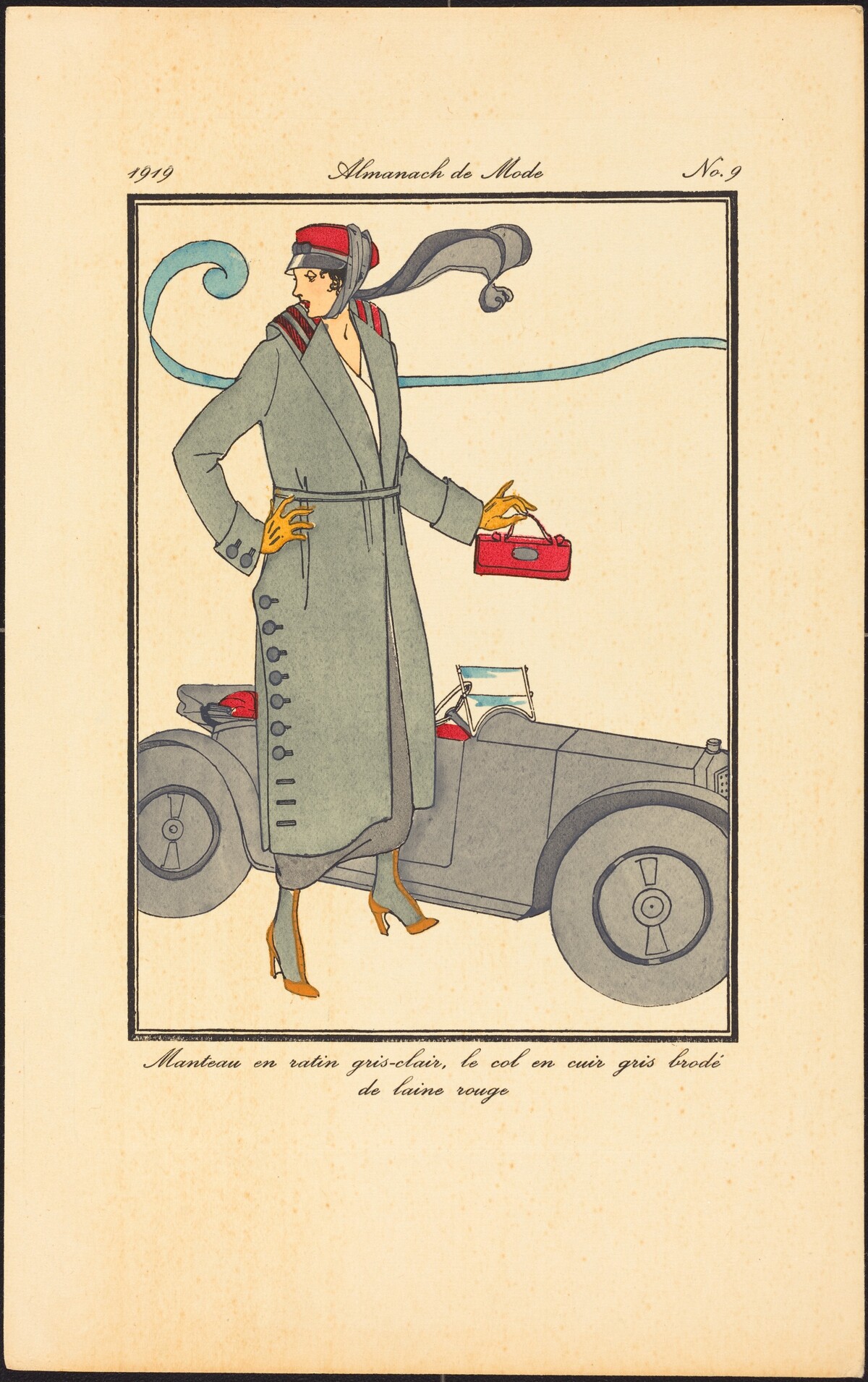 Manteau en ratin gris-clair, le col en cuir gris brodé de laine rouge