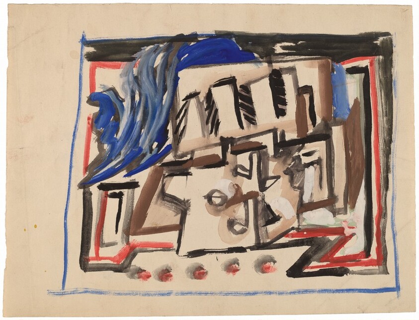 Abstract Composition in Red, Brown, Black, Blue, and White