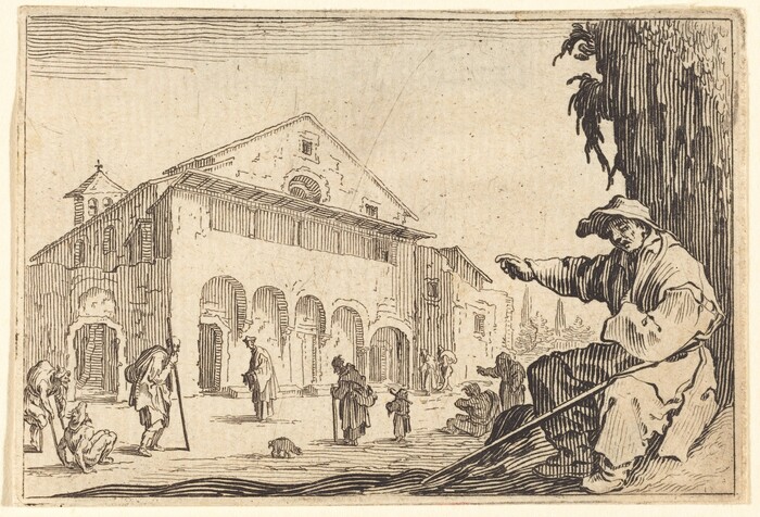 The image depicts a street scene with a perspective view focusing on a large building with a series of arches and a sloped roof. The point of view is slightly elevated, allowing us to see multiple figures scattered across the open space leading up to the building. The horizon is high in the composition, creating a sense of depth and space. There are trees lined up in the distance behind the building. The artwork is rendered with fine lines, suggesting a technique consistent with an engraving or etching. The color palette is monochrome, composed of black lines on a tan background. Closest to us, a figure in a large hat gestures towards the scene, while other people and animals, including a small dog, are positioned around the square in various postures.