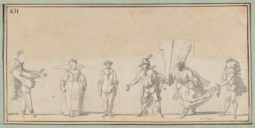 Six Studies of Commedia dell'Arte Actors: Polchinelle, Columbine, Pierrot, a Captain, Harlequin "en femme," and Scaramouche