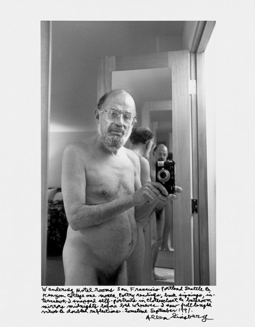 Wandering Motel rooms San Francisco Portland Seattle & Kenyon College one month, poetry readings, book signings, interviews, I snapped self-portraits in clothes closet & bathroom mirrors midnights before bed whenever I saw full length views & doubled reflections. Sometime September 1991.