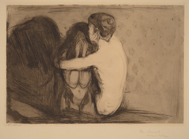 Printed with black lines and gray tones, one person wraps their arms around the shoulders of another person, who holds both hands to their face in this horizontal aquatint and drypoint. Both are nude. The person covering their face has long hair that drapes heavily over her head and shoulders and reaches her hips. She kneels and faces us, her face entirely hidden by her hands. The other person, to our right, has short hair and is angled away from us. A dark, rounded form nearly fills the left third of the composition. The wall behind the pair is patterned with faint, diamond shapes. The artist inscribed the print under the lower left corner and signed the bottom right in graphite. The only fully legible text is his name, “Edw. Munch.”