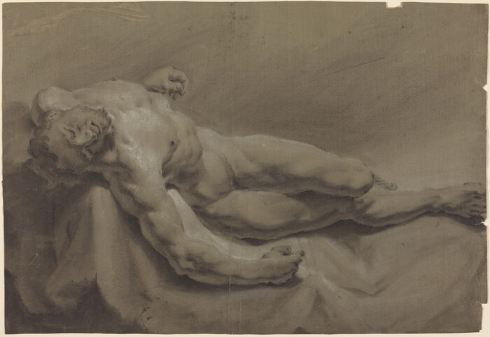 The image shows a naked male figure lying on his side, with his head resting against a surface. He has short curly hair and a muscular build. The background is a plain textured surface. No objects or jewelry are visible.