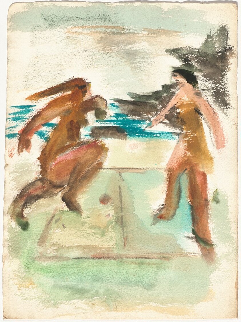 Untitled (figures playing handball on the beach) [recto]