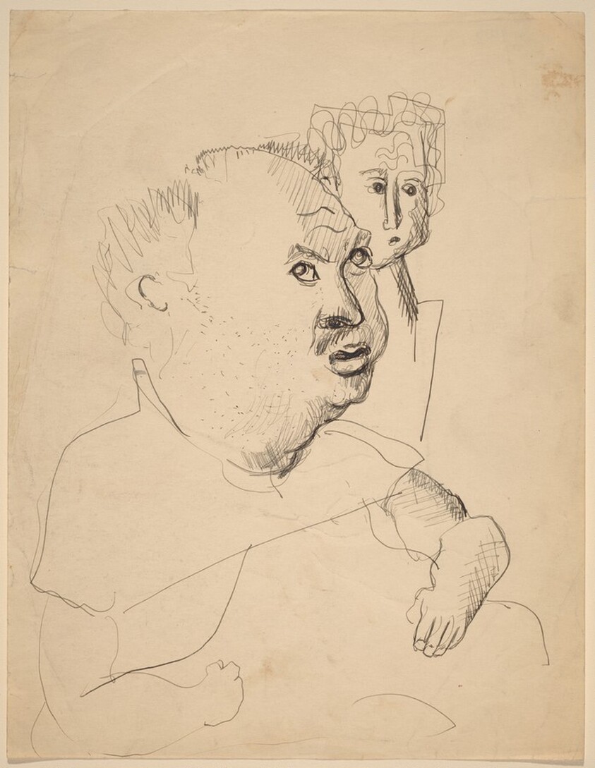 Portrait of a Balding Man with Woman's Face Behind