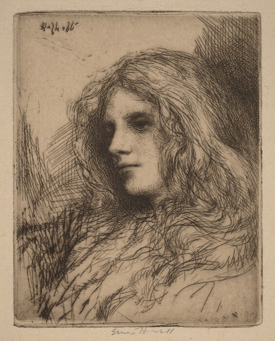 The image depicts a close-up illustration of a woman's head and upper torso in profile. She has a sharp nose, pronounced brow, full lips, and long, wavy hair. The woman seems to be wearing a garment with soft folds. The background is marked with varying densities of hatched lines.
