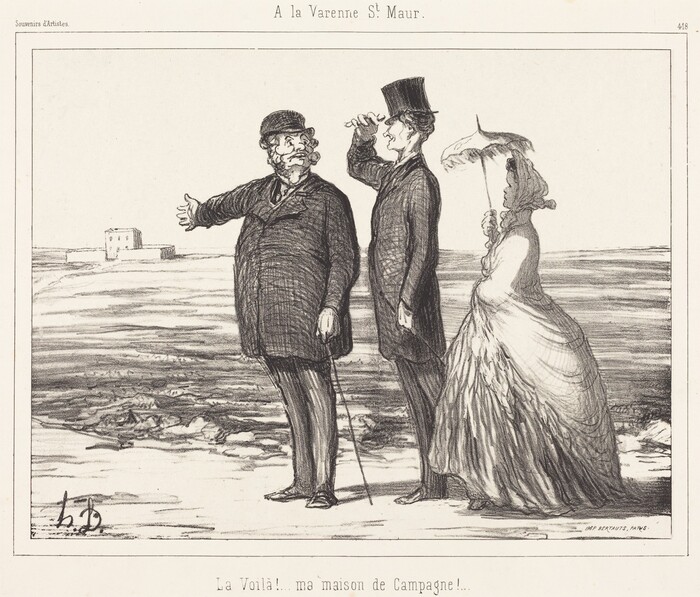 Three figures stand in a landscape with a small building in the distance. Two men and a woman, dressed in 19th-century attire, are depicted. The man on the left gestures towards the distant building. The setting is a barren, open area with the building appearing isolated on the horizon. The characters are drawn in a caricature style with exaggerated features and expressions. The man in the middle raises his hat in a gesture, the woman holds a parasol, and wears a bonnet. The style and composition suggest a humorous or satirical tone.