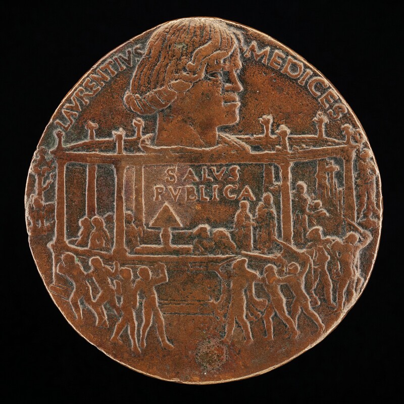 This round, bronze medal shows a man’s head floating over an architectural structure surrounded with a bustling crowd, all in low relief. The man at the top center faces our right in profile. He has a sloping, prominent nose, and the eye we see is heavily outlined. His chin-length hair curls up along the nape of his neck. Below eleven silhouetted people sit, stand, or kneel inside a fence-like, enclosed structure. About a dozen more people on our side of the fence, worn smooth over time, appear to fight with swords or daggers or run from the danger. Text under the man’s head and inside the structure reads, “SALVS PVBLICA.” Text around the upper perimeter of the medal reads “LAVRENTIVS MEDICES.”