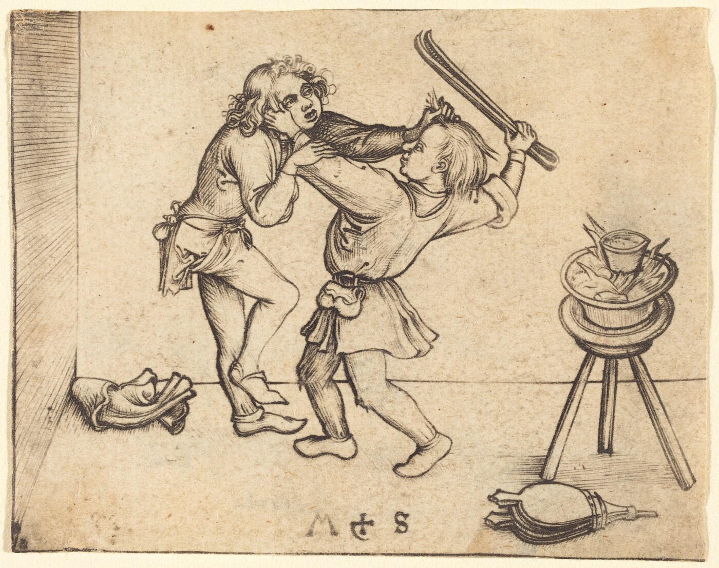 The image shows two young boys in an action-oriented scene. One boy stands with his left foot against the wall, wearing a long-sleeved tunic, leggings, and long, curly hair. The other boy appears to swing a stick while holding onto the first boy's shoulder or neck. Both boys wear elaborately patterned clothes. Next to them is a stool with objects and a bellows, with a pile of fabric in the corner. The background features plain, textured walls.