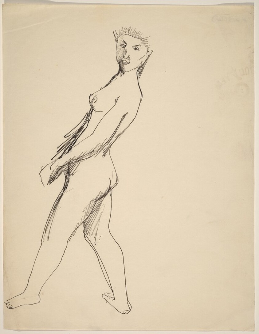 Female Nude Seen from Her Left Side, Leaning Back, Head Turned to the Viewer