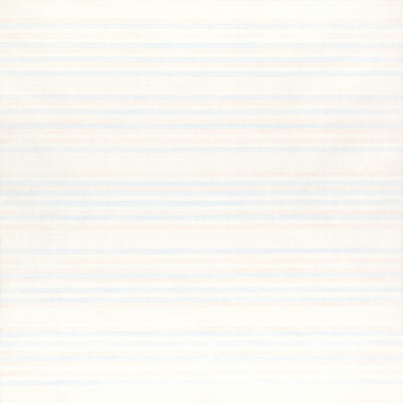Narrow, horizontal bands of oyster white, pale blue, and faint peach, separated by denim-blue lines like a ruled sheet of paper, fill this square painting. The white, peach, and blue bands do not make a pattern, and there are a few areas where several white rows are clustered, including along the bottom edge.