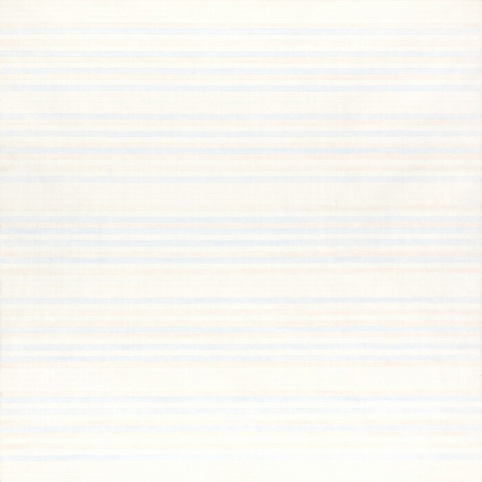 Narrow, horizontal bands of oyster white, pale blue, and faint peach, separated by denim-blue lines like a ruled sheet of paper, fill this square painting. The white, peach, and blue bands do not make a pattern, and there are a few areas where several white rows are clustered, including along the bottom edge.