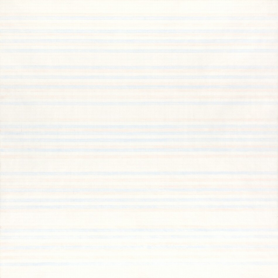 Narrow, horizontal bands of oyster white, pale blue, and faint peach, separated by denim-blue lines like a ruled sheet of paper, fill this square painting. The white, peach, and blue bands do not make a pattern, and there are a few areas where several white rows are clustered, including along the bottom edge.