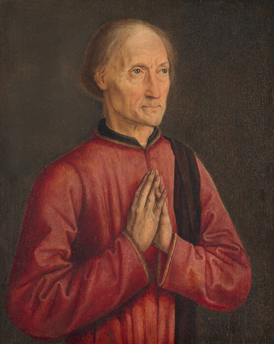 Shown from the waist up, a pale-skinned man is angled slightly to our right with his hands together in prayer in this vertical portrait painting. The man’s slightly bulging blue eyes lift to look up and to the right. Wrinkles line his forehead and the corners of his eyes and lips. His cheeks are hollow, and the temple we see slightly sunken. He has a long nose, bags under his eyes, and his thin lips are pressed together in a line over a pointed chin. Straight brown hair parts to either side of his high forehead and falls to just beneath his ears. His raspberry-red shirt has a high black collar, and a dark, burgundy red scarf drapes over his far shoulder. All of his fingertips touch except for the pinkies, which pass each other to make an X shape. The man is evenly lit against a brown background.