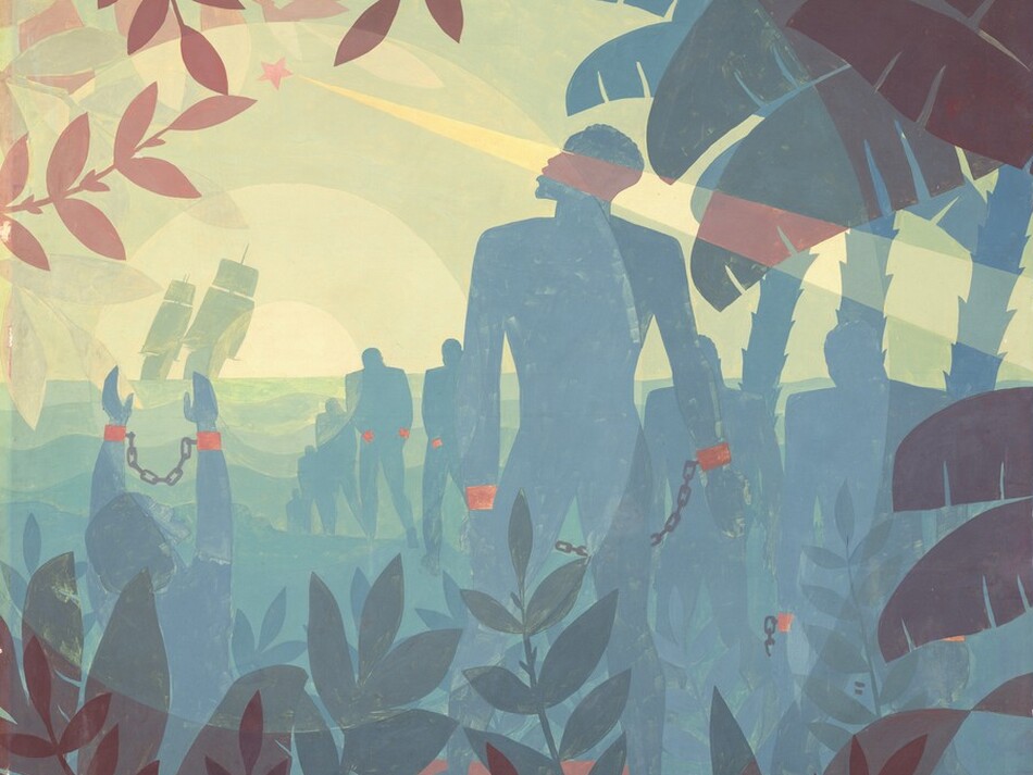 The spruce-green silhouette of a broad-shouldered man standing among palm fronds looks up at a faint red star against a field of green circles radiating out from the horizon in this abstracted vertical painting. The scene is made with mostly flat areas of color to create silhouettes in shades of slate and indigo blue, lemon-lime and pea green, plum purple, and brick red. To our right of center, the man faces our left in profile. His eye is a slit and he has tight curly hair. The position of his feet, standing on a coffin-shaped, brick-red box, indicate his back is to us. He stands with legs apart and his arms by his sides. Terracotta-orange shackles around his wrists are linked with a black chain. A woman to our left, perhaps kneeling, holds her similarly shackled hands up overhead. A line of shackled people with their heads bowed move away from this pair, toward wavy lines indicating water in the distance. The water is pine green near the shore and lightens, in distinct bands, to asparagus green on the horizon. On our left, two, tall pea-green ships sail close to each other at the horizon, both titled at an angle to our right. Concentric circles radiate out from the horizon next to the ships to span the entire painting, subtly altering the color of the silhouettes it encounters. To our left, a buttercup-yellow beam shines from the red star in the sky across the canvas, overlapping the man’s face. Spruce-blue palm trees grow to our right while plum-purple palm fronds and leaves in smoke gray and blood red frame the painting along the left corners and edge. The artist signed the painting in the lower right, in black, “AARON DOUGLAS.”