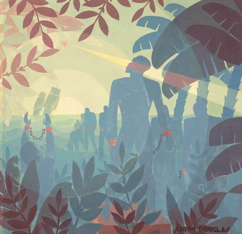 The spruce-green silhouette of a broad-shouldered man standing among palm fronds looks up at a faint red star against a field of green circles radiating out from the horizon in this abstracted vertical painting. The scene is made with mostly flat areas of color to create silhouettes in shades of slate and indigo blue, lemon-lime and pea green, plum purple, and brick red. To our right of center, the man faces our left in profile. His eye is a slit and he has tight curly hair. The position of his feet, standing on a coffin-shaped, brick-red box, indicate his back is to us. He stands with legs apart and his arms by his sides. Terracotta-orange shackles around his wrists are linked with a black chain. A woman to our left, perhaps kneeling, holds her similarly shackled hands up overhead. A line of shackled people with their heads bowed move away from this pair, toward wavy lines indicating water in the distance. The water is pine green near the shore and lightens, in distinct bands, to asparagus green on the horizon. On our left, two, tall pea-green ships sail close to each other at the horizon, both titled at an angle to our right. Concentric circles radiate out from the horizon next to the ships to span the entire painting, subtly altering the color of the silhouettes it encounters. To our left, a buttercup-yellow beam shines from the red star in the sky across the canvas, overlapping the man’s face. Spruce-blue palm trees grow to our right while plum-purple palm fronds and leaves in smoke gray and blood red frame the painting along the left corners and edge. The artist signed the painting in the lower right, in black, “AARON DOUGLAS.”
