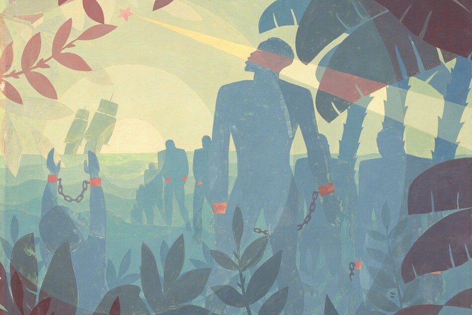 The spruce-green silhouette of a broad-shouldered man standing among palm fronds looks up at a faint red star against a field of green circles radiating out from the horizon in this abstracted vertical painting. The scene is made with mostly flat areas of color to create silhouettes in shades of slate and indigo blue, lemon-lime and pea green, plum purple, and brick red. To our right of center, the man faces our left in profile. His eye is a slit and he has tight curly hair. The position of his feet, standing on a coffin-shaped, brick-red box, indicate his back is to us. He stands with legs apart and his arms by his sides. Terracotta-orange shackles around his wrists are linked with a black chain. A woman to our left, perhaps kneeling, holds her similarly shackled hands up overhead. A line of shackled people with their heads bowed move away from this pair, toward wavy lines indicating water in the distance. The water is pine green near the shore and lightens, in distinct bands, to asparagus green on the horizon. On our left, two, tall pea-green ships sail close to each other at the horizon, both titled at an angle to our right. Concentric circles radiate out from the horizon next to the ships to span the entire painting, subtly altering the color of the silhouettes it encounters. To our left, a buttercup-yellow beam shines from the red star in the sky across the canvas, overlapping the man’s face. Spruce-blue palm trees grow to our right while plum-purple palm fronds and leaves in smoke gray and blood red frame the painting along the left corners and edge. The artist signed the painting in the lower right, in black, “AARON DOUGLAS.”