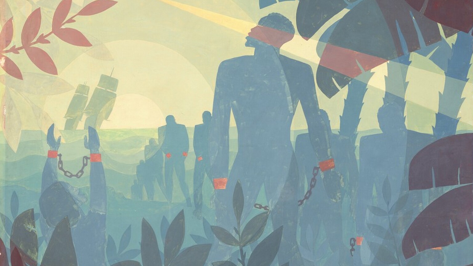 The spruce-green silhouette of a broad-shouldered man standing among palm fronds looks up at a faint red star against a field of green circles radiating out from the horizon in this abstracted vertical painting. The scene is made with mostly flat areas of color to create silhouettes in shades of slate and indigo blue, lemon-lime and pea green, plum purple, and brick red. To our right of center, the man faces our left in profile. His eye is a slit and he has tight curly hair. The position of his feet, standing on a coffin-shaped, brick-red box, indicate his back is to us. He stands with legs apart and his arms by his sides. Terracotta-orange shackles around his wrists are linked with a black chain. A woman to our left, perhaps kneeling, holds her similarly shackled hands up overhead. A line of shackled people with their heads bowed move away from this pair, toward wavy lines indicating water in the distance. The water is pine green near the shore and lightens, in distinct bands, to asparagus green on the horizon. On our left, two, tall pea-green ships sail close to each other at the horizon, both titled at an angle to our right. Concentric circles radiate out from the horizon next to the ships to span the entire painting, subtly altering the color of the silhouettes it encounters. To our left, a buttercup-yellow beam shines from the red star in the sky across the canvas, overlapping the man’s face. Spruce-blue palm trees grow to our right while plum-purple palm fronds and leaves in smoke gray and blood red frame the painting along the left corners and edge. The artist signed the painting in the lower right, in black, “AARON DOUGLAS.”
