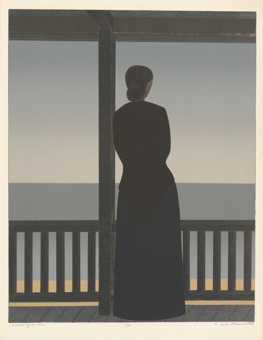 The image features a person standing upright, viewed from behind. The person is facing away, with their body leaning slightly towards a railing in front of them. The figure has a hairstyle tied back into a bun or twist. They are dressed in dark, full-coverage clothing with a long skirt and fitted top. The person is surrounded by a wooden veranda or porch railing with vertical slats. In the background, there is a minimalistic seascape with a calm ocean meeting the horizon under a subtly gradient sky, conveying a sense of openness and tranquility.