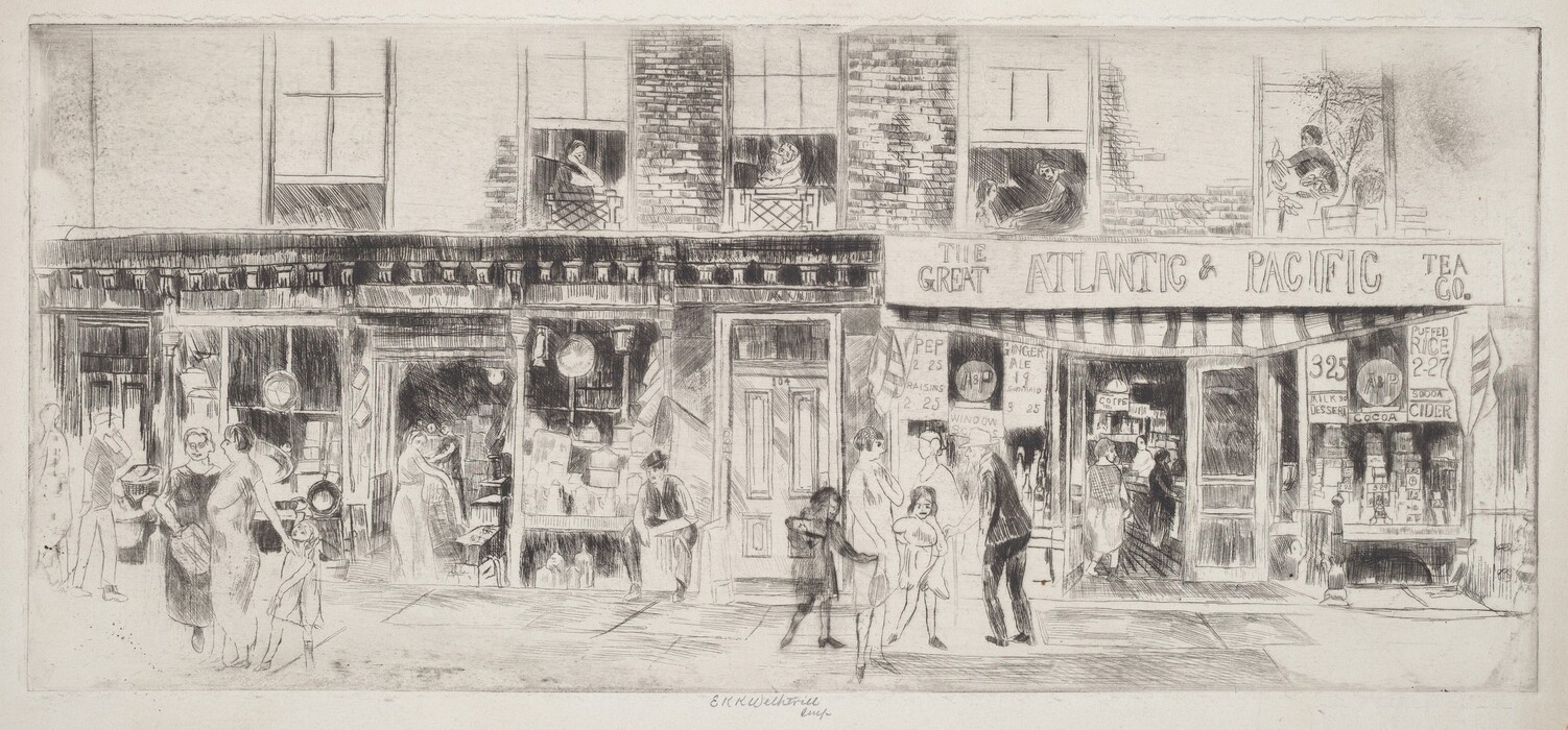 This is a drawing of a busy urban street scene. The image portrays a collection of storefronts and an array of signs in a bustling city setting. The foreground shows a number of people engaged in various activities, with several storefronts visible, including one showing a sign that reads "THE GREAT ATLANTIC & PACIFIC TEA CO." The shop windows are filled with products, advertisements, and prices for items like "Ginger Ale," and "Cider." Above the shops, windows indicate residential spaces with individuals visible inside. The artwork captures an intricate and detailed view of urban life.