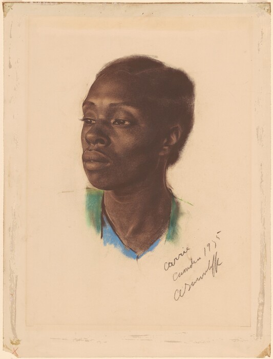 The image shows a portrait of a person in profile, with short dark hair, prominent cheekbones, and full lips. They are wearing a garment with a blue neckline and hints of green around the neck. The background is plain, with slight discoloration or texture. Inscriptions on the right side of the background read "Carrie," "Cunard 1935," and a signature.