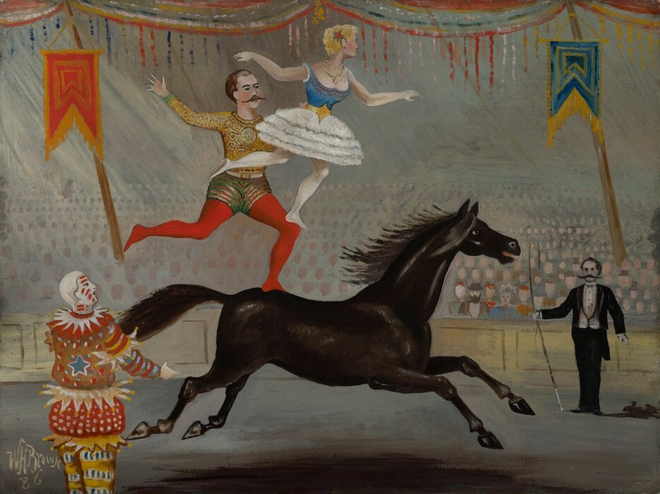 This is a painting of a circus performance featuring a black horse galloping across an arena with two acrobats performing on its back. The horse is seen from the side, facing the right, its feet in the air and its mane blowing backward. Standing on the back of the horse is a man on one leg, his other leg bent behind him. He has a long brown mustache and wears a gold outfit with bright red tights. Standing on his bent knee is a woman who also has one leg raised and bent backwards. She has blonde hair adorned with a flower and wears a blue bodice with a puffy white tutu and a gold belt. In the bottom left corner, a clown in a colorful costume with frills and dots looks at the performers, hands outstretched. On the right, in the background, a ringmaster with a long black mustache stands with a long whip, wearing a black suit over a white shirt with a bowtie. All of these people have light skin, although the face of the clown is painted white with red stripes. In the background, small dots suggest a blurred audience in several rows, extending backwards into a light blue haze. Red and blue banners hang above the scene, along with tassels in red, white, and blue.
