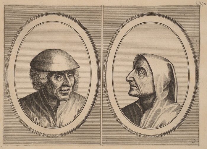 The image displays two upper-body portraits enclosed in separate oval frames. Both portraits depict older individuals with distinct facial features. The person on the left is facing forward, with a slight three-quarter turn of the head to the right, and has a protruding chin, a prominent nose, and a small mouth. This individual wears a rounded cap covering most of the head, with wavy hair visible at the sides. They are dressed in a garment that appears to have a collar but lacks visible detailing or embellishments. The person on the right is shown in profile, facing left, and has a similar prominent nose and chin, with a pronounced jawline. This individual wears a hood or draped fabric that partially covers the head and neck, similar to a cowl. Both portraits are set against a background of tightly spaced horizontal lines, which fill the ovals and provide a sense of texture. The overall composition is symmetrical, with the two portraits mirroring each other's placement within the elongated vertical frames.