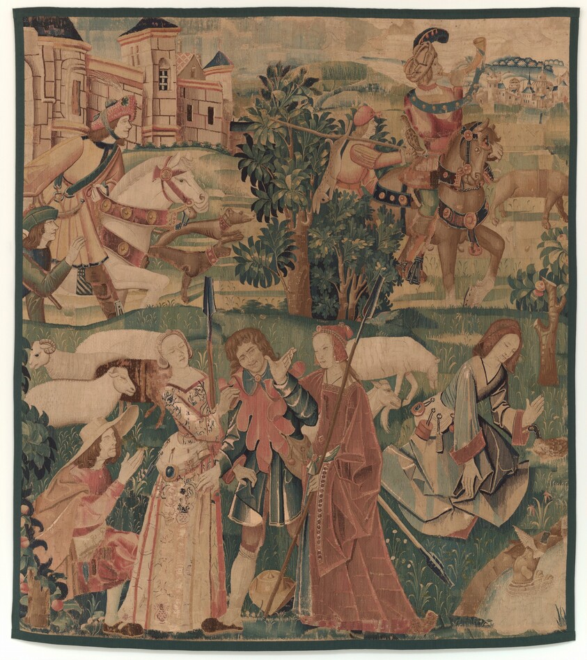 Hunting and Pastoral Scenes, with a laughing man between ladies