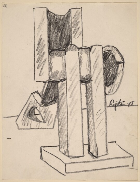 The drawing shows a collection of geometric shapes and bold lines, including rectangular and cylindrical forms. The abstract composition resembles architectural structures or machinery components. The tall vertical shapes, resembling pillars or pipes, are mixed with shaded areas implying depth and layering. One shape bends or curves, bringing dynamism to the structure. The elements are situated on a rectangular base like a free-standing sculpture.