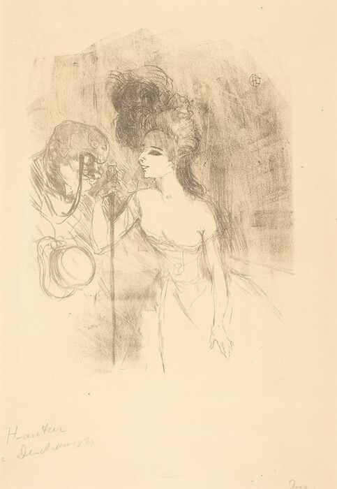 The image depicts a woman's torso in a side-facing pose, with her face turned slightly to the left. Her facial features are simple, and she has expressive, voluminous hair. She wears what appears to be an off-the-shoulder dress and holds an upright object. To her left is another figure with a helmet or cap, and less defined facial features, possibly a mask. The background is lightly shaded and abstract.
