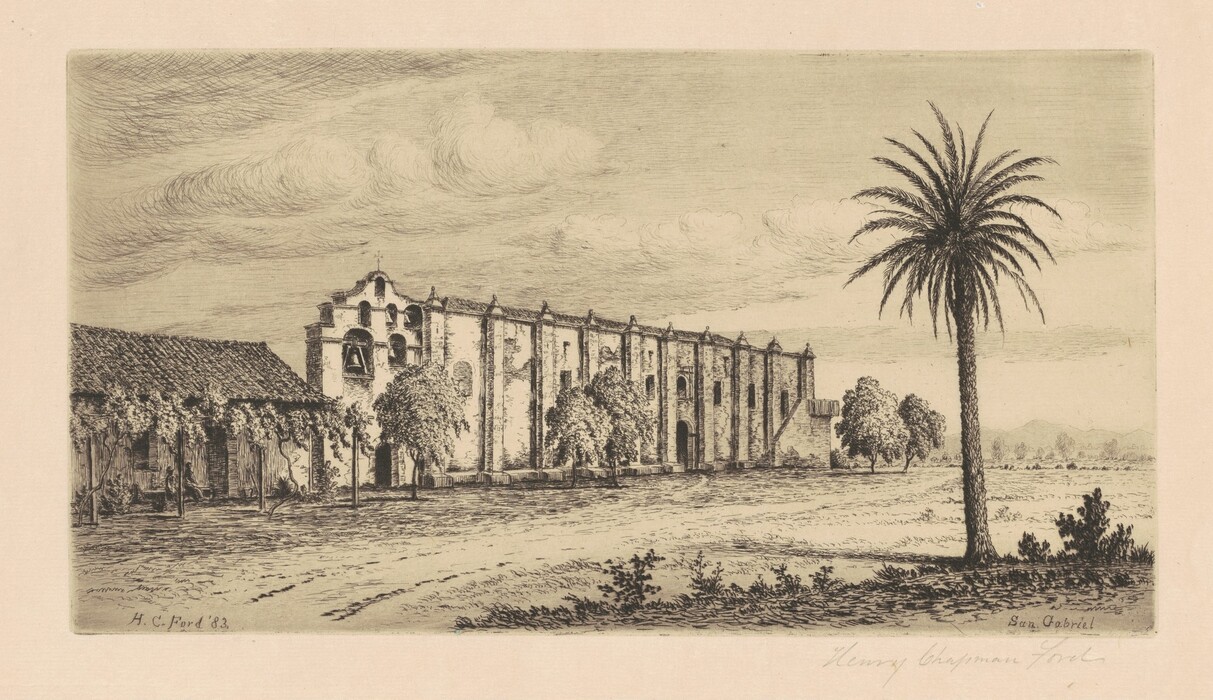 The image depicts a landscape with a historic mission building. The horizon is in the background, with the mission aligned along it. The architecture features arches and a bell. A tall palm tree is to the right of the building. The sky has wispy clouds with fine brushstrokes. The color palette is primarily sepia. Foliage and shrubs are in the foreground. Faint outlines of mountain ranges can be seen in the distance.