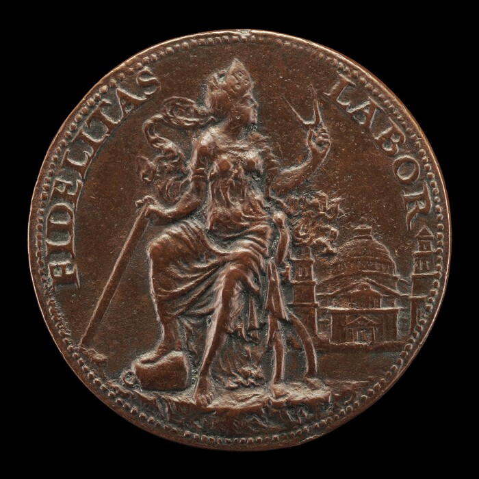 The sculpture on the coin depicts a seated female figure wearing a crown, holding a staff in her right hand and a pair of compasses in her left hand. The figure is draped in a gown that reveals her feet. In the background, there is an architectural structure resembling a domed building with towers. The coin is made of a brown metal, likely bronze or copper, and is inscribed with the words "FIDELITAS" and "LABOR." The sculpture is a finely detailed raised relief that fits within the circular confines of the coin.
