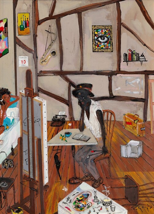 This is a painting of an art studio. The scene includes various objects and interior details such as a saxophone on the wall, a calendar showing "Vendredi 10 Mai," framed artworks, a typewriter, an open book, and a bowl of fruit on a table. There is a wooden easel in the foreground, colorful suitcases, a scattered chair on the wooden floor, and a painting in progress on the easel. Shelves with books and art materials are visible, and the walls display abstract and vividly colored artworks.