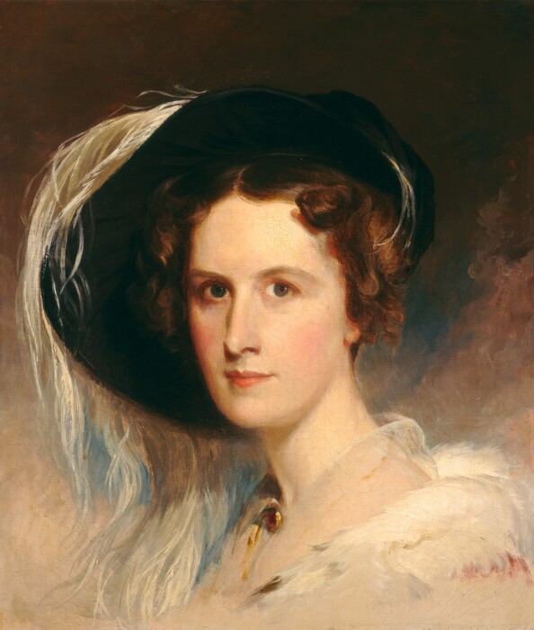 This painting depicts a woman from the shoulders up, her head turned to face us. She has light skin, large eyes, a long nose, and rosy cheeks. Her lips are red and set in a neutral expression. Her brown hair is styled in curls under a large black hat with white feathers. She wears a garment with a sheer collar, a jeweled brooch, and white fur around her shoulders. The background is a dark, muted gradient of brown tones, with some dark blue and dark red, fading to cream at the bottom of the painting.
